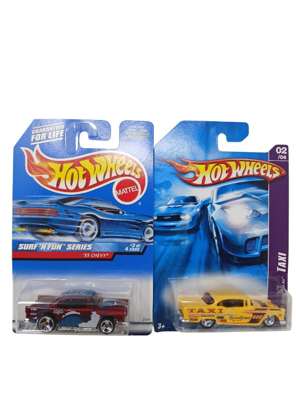 2 Hot Wheels 55 Chevy Surf N Fun & Taxi Diecast Cars NEW #D-19